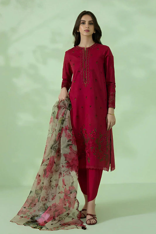 SAPPHIRE - 3PC LAWN EMBROIDERED SHIRT WITH ORGANZA PRINTED DUPATTA & TROUSER DM 1029