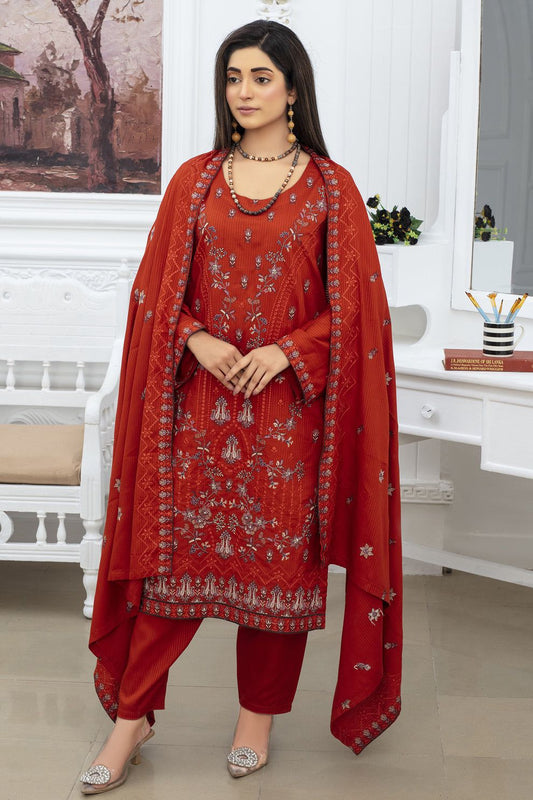 VISCOUS EMBROIDRED 3PC SUIT  WITH VISCOUS SHAWL AND TROUSER DM-1043