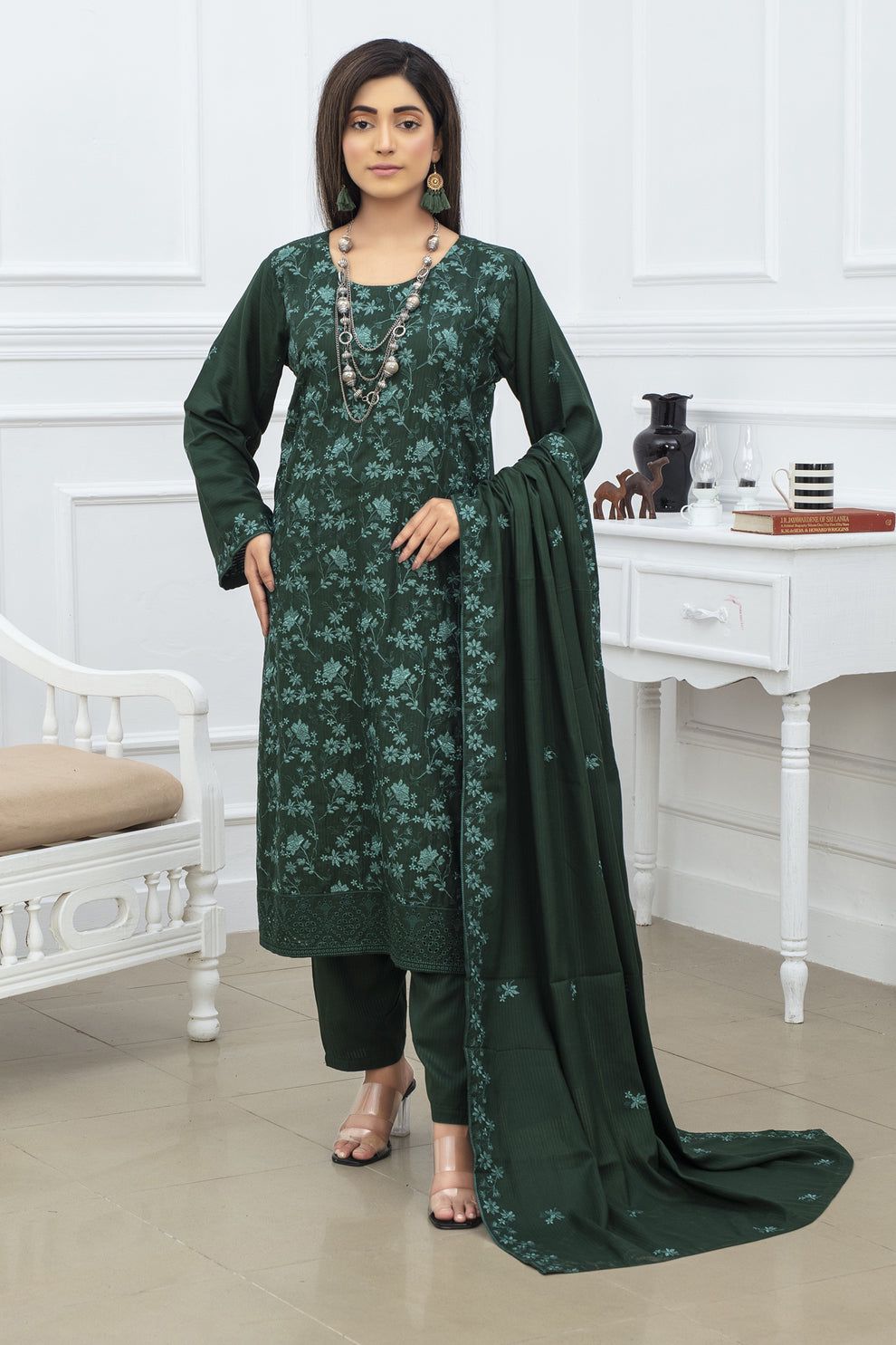 VISCOUS EMBROIDRE 3 PC SUIT  WITH VISCOUS SHAWL AND TROUSER DM-1045